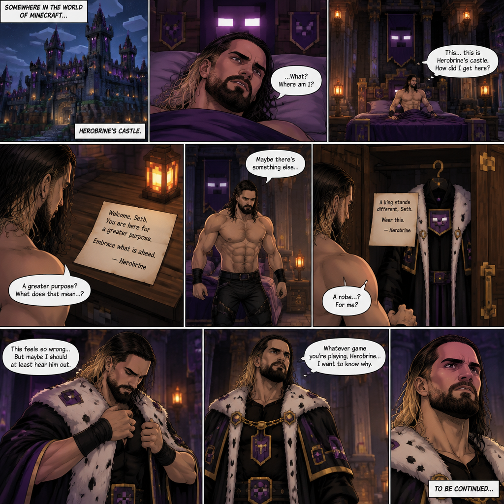 (Part 3) we’re now in the world of Minecraft. Seth Rollins was asleep in some sort of royal bed…Herobrine’s royal bed. Seth slowly woke up,He was confused as to where he is. As he looked around….he realized…he was in Herobrine’s castle. He slowly stood up,Then he noticed a note on the nightstand. He was confused as to what Herobrine ment in the note. He noticed the closet and walked to it. He opened it,there was a fancy robe and a note from Herobrine attached to it. Seth didn’t know what to say. Against his better judgment he puts it on