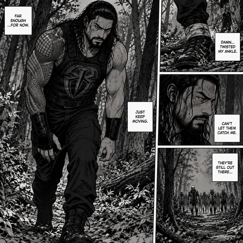 Roman Reigns is in a zombie apocalypse,He walking in the woods. He hurt his ankle while running away from a zombie horde. He’s far away from them and limping in the woods