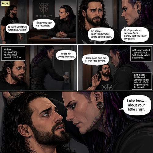 (Recap). Seth Rollins was called into Jeff Hardy’s office,“Is there something wrong Mr.Hardy?” Seth asked nervously,Jeff looked at Seth with a serious expression,“I know you saw me last night” said Jeff,Seth had a fearful expression on his face but tried to keep it cool,“I’m sorry…I don’t know what you’re talking about” said Seth,“Don’t play dumb with me Seth,I know that you know my secret” said Jeff,Seth’s heart was pounding. He was about to run to the door,but Jeff used his vampire speed to get there first and locked it,“You’re not going anywhere” Said Jeff. He slowly walked towards Seth,Seth slowly walked backwards,“Please don’t hurt me,I-I won’t tell anyone” Seth said,His back hit the wall,Jeff stood right in front of Seth,He pinned Seth to the wall. (And now part 3). Jeff looked into Seth’s eyes. “I also know….about your little crush” Said Jeff