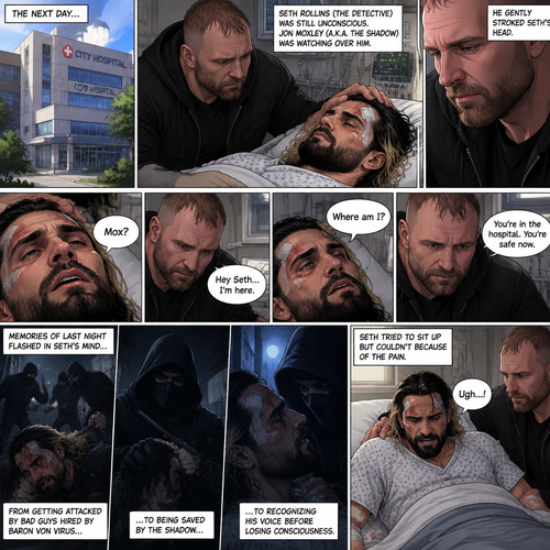 (Part 2 of the Vigilante x detective story). The next day,Seth Rollins (The detective) was still unconscious. Jon Moxley (A.K.A The vigilante known as the shadow) was watching over him. He gently stroked Seth’s head. Then…Seth slowly regained consciousness. He spoke weakly “Mox?”. “Hey Seth…I’m here” Jon said Softly. Seth was silent for a bit before he spoke weakly “Where am I?”. “You’re in the hospital,You’re safe now” Jon said softly. Memories of last night flashed in Seth’s mind,From getting attacked by Bad guys hired By Baron von virus to being saved by the shadow to recognizing his voice before losing consciousness. Seth tried to sit up but couldn’t because of the pain