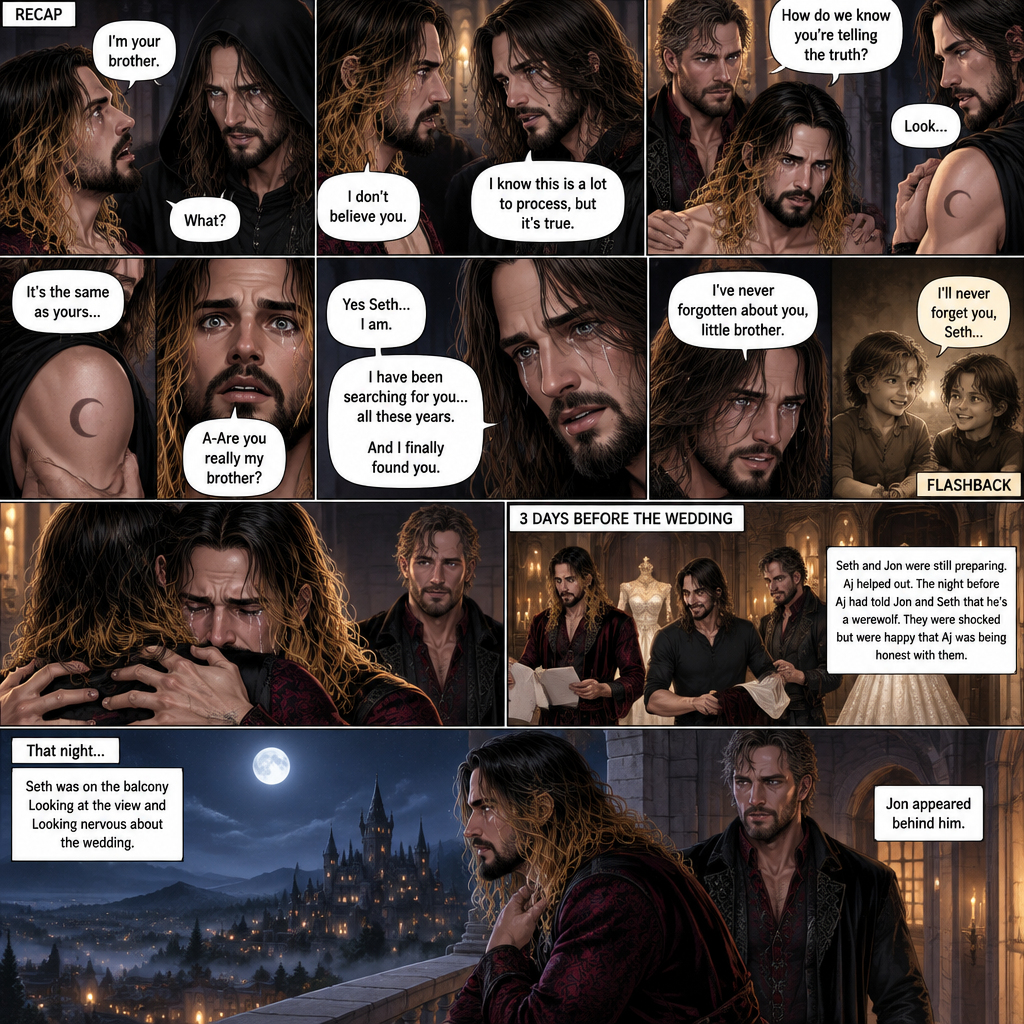 (Recap) Seth Rollins (The vampire hunter turned Bride of the Vampire king) was almost kidnapped by A mysterious figure (AJ Styles),Jon Moxley (Vampire King) Saved Seth,The man took off the hood and revealed he’s Seth’s brother,Seth was stunned. “What?” Seth asked,”I’m your brother” said Aj,Seth shook his head a little,”I don’t believe you” Said Seth,”I know this is a lot to process,but it’s true” said Aj,Jon gently pulled Seth to his side,”How do we know you’re telling the truth?” Jon asked cautiously,Aj shows his birthmark,It’s the shape of a crescent moon…just like Seth’s. Seth was stunned,All this time he thought he was the only one with that birthmark’”A-Are you really my brother?” Seth asked,”Yes Seth…I am” said Aj,”I have been searching for you…all these years” Aj paused,Tears welling up in his eyes,”And I finally found you” Aj continued,Seth didn’t know what to say,Neither did Jon,”I’ve never forgotten about you,little brother” Said Aj,Something flashed in Seth’s mind,it was a memory of himself and Aj when they were little,Aj (as a kid) had promised Seth he would never forget him,The flashback ends,Tears welled up in Seth’s eyes,Seth and Aj hugged each other,Jon just watched. (And now part 8). 3 days before the wedding,Seth and Jon were still preparing. Aj helped out. The night before Aj had told Jon and Seth that he’s a werewolf. Seth and Jon were shocked but were happy that Aj was being honest with them. Seth was on the balcony Looking at the view and Looking nervous about the wedding. Jon appeared behind him