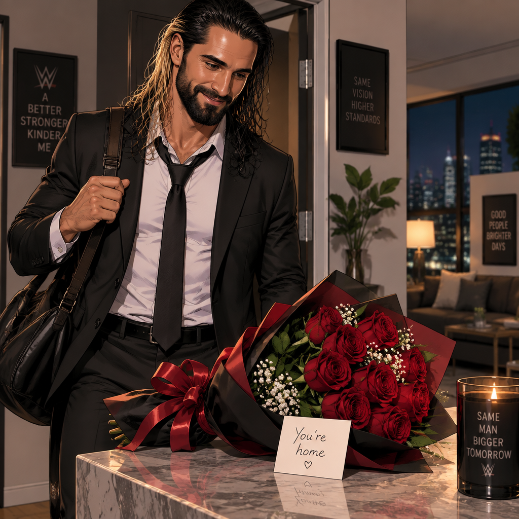 Seth Rollins came home after a long day,He discovered a bouquet of roses on his table