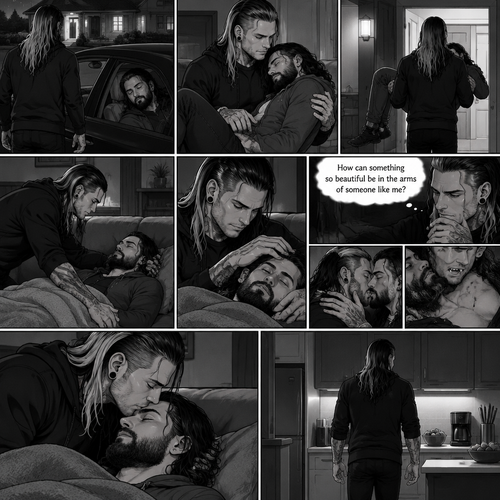 (Part 5 of the Vampire x human story) Jeff Hardy arrives at his house. He walks to the passenger side and gently lifts the sleeping Seth Rollins in his arms. He walks inside,Then he gently put Seth on his couch. He gently stroked Seth’s hair. Then he thought about that moment in Jeff’s office,The kiss and himself sinking his fangs into Seth’s neck. “How can something so beautiful be in the arms of someone like me?” Jeff asked himself. He gently kissed Seth’s forehead,Then he got up and walked to the kitchen