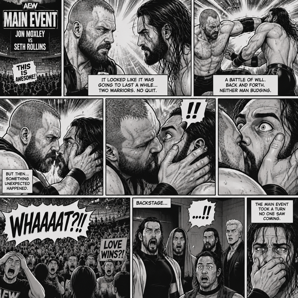 Jon Moxley and Seth Rollins are in a match against each other. It’s the main event. It seems like it was gonna go on for a while…but then….something unexpected happened. Jon…cupped his hands on Seth’s face…pulled him in….and kissed him. Seth’s eyes widened ,the fans went crazy with shock,even some of the other wrestlers that were watching backstage were shocked
