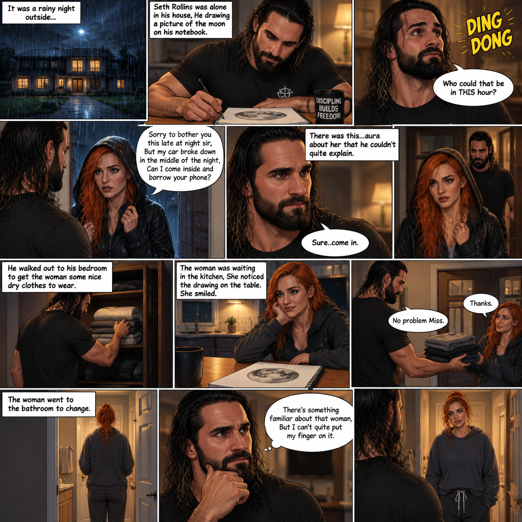 It was a rainy night outside,Seth Rollins was alone in his house,He drawing a picture of the moon on his notebook.Then the doorbell rang. “Who could that be in THIS hour?” Seth asked himself. He got up and opened the door,A young Irish woman (Becky Lynch) was standing outside on his porch soaking wet from the rain wearing a hood. “Sorry to bother you this late at night sir,But my car broke down in the middle of the night,Can I come inside and borrow your phone?” Asked the woman.Seth looked at the woman,There was this…aura about her that he couldn’t quite explain.He decided to let her in. “Sure..come in” said Seth.The woman walked in and Seth shut the door.He walked out to his bedroom to get the woman some nice dry clothes to wear,The woman was waiting in the kitchen,She noticed the drawing on the table.She smiled.Seth came back and handed her the clothes. “Thanks” said the Woman. “No problem Miss” Said Seth.The woman went to the bathroom to change. “There’s something familiar about that woman,But I can’t quite put my finger on it” Seth said to himself.After a while she came out wearing that clothes