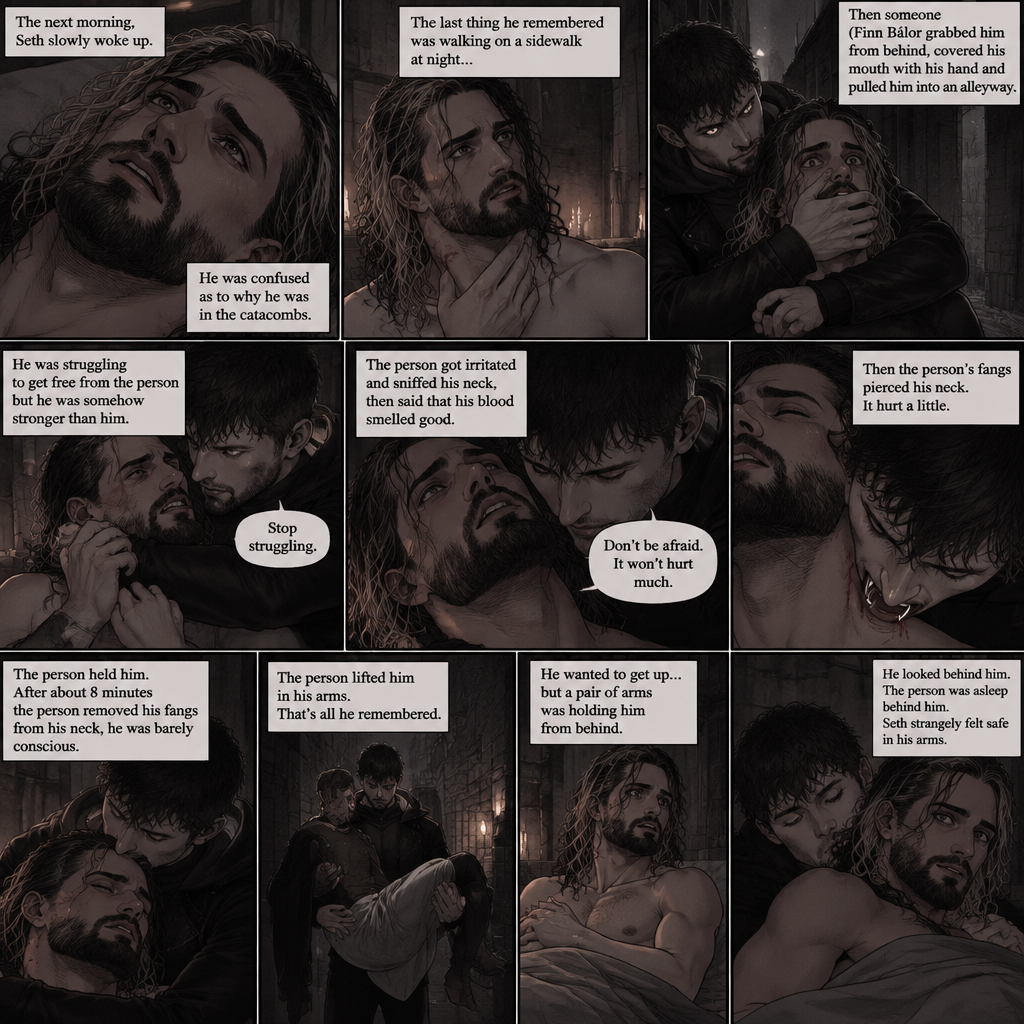 (Vampire Finn Bálor x Reincarnated Seth Rollins Part 3) The next morning,Seth slowly woke up. He was confused as to why he was in the catacombs.The last thing he remembered was walking on a sidewalk at night,Then someone (Finn Bálor grabbed him from behind,Covered his mouth with his hand and pulled him into an alleyway,He was struggling to get free from the person but he was somehow stronger than him,The person got irritated and told him to stop struggling,Then the person sniffed his neck and said that his blood smelled good,His heart was pounding with fear,The person said to Don’t be afraid and that it wouldn’t hurt much,Then the person’s fangs pierced his neck,It hurt a little,The person held him,After about 8 minutes the person removed his fangs from his neck,he was barely conscious,The person lifted him in his arms. That’s all he remembered. He wanted to get up…But a pair of arms was holding him from behind him. He looked behind him,The person was asleep behind him. Seth strangely felt safe in his arms