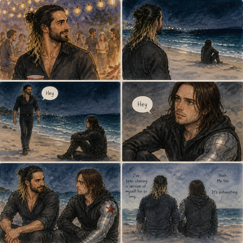 Seth Rollins is at a party,Then he sees Bucky sitting alone on the beach.He walks over to him. “Hey” said Seth. Bucky looked at him. “Hey” Said Bucky.Seth sits beside him.They talked to each other about their lives