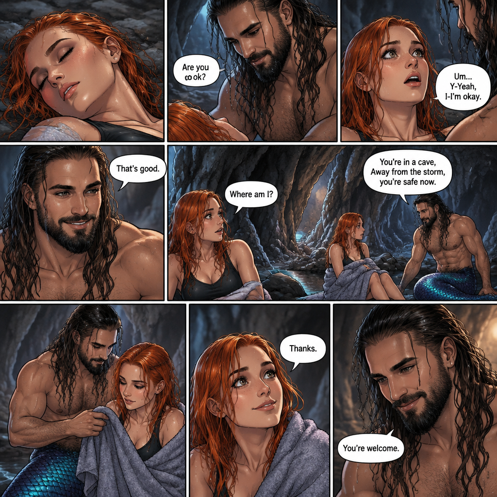 (Recap) Becky lynch was fishing,then a combination of thunder,Heavy waves and heavy rain happened,She tried to row back to shore but a giant wave crashed down on her boat,she started to sink in the ocean,then a shadowy silhouette of a mysterious creature (Seth Rollins as a merman) swam towards her,Then everything went black. (And now onto part 2). Minutes have passed,Becky slowly regained consciousness,The merman that saved her was looking down at her with relief in his eyes. “Are you ok?” Asked the merman. Becky was shocked to see an actual Handsome merman looking down at her. “Um…Y-Yeah,I-I’m okay” said Becky. The merman smiled. “That’s good” said the merman. Becky slowly sits up. “Where am I?” Asked Becky. “You’re in a cave,Away from the storm,you’re safe now” the merman said. The merman grabbed a warm towel he found earlier and gently wrapped it around Becky. “Thanks” said “You’re welcome” said the merman