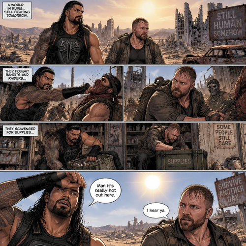 It’s a post apocalyptic world,Roman Reigns and Jon Moxley were side by side surviving the apocalypse together.They fought Bandits and raiders and scavenged for supplies.One day it was really hot outside. “Man it’s really hot out here” Said Roman. “I hear ya” Said Jon