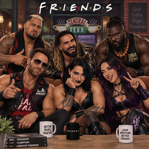 LA Knight,Solo Sikoa,Seth Rollins,Oba Femi,Rhea Ripley and Ari Stone (My Female wrestler oc) in F.R.I.E.N.D.S