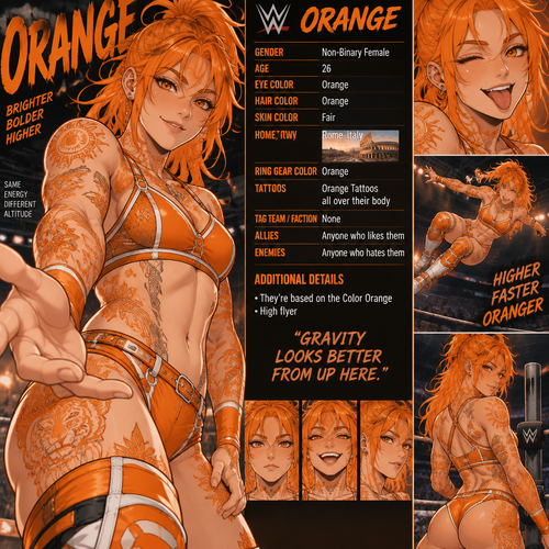 WWE wrestler oc info card Orange

Gender:Non-Binary Female
Age:26
Eye Color:Orange
Hair Color:Orange
Skin Color:Fair
Hometown:Rome,Italy
Ring gear Color:Orange
Tattoos:Orange Tattoos all over their body
Tag team/Faction:None
Allies:Anyone who likes them
Enemies:Anyone who hates them
Additional details:They’re based on the Color orange,High flyer