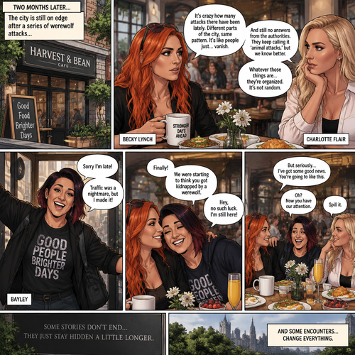 (Part 2 of the Werewolf X human story). It’s been two months since the night Becky Lynch and Her friends Charlotte Flair and Bayley saved the Man (Seth Rollins). They haven’t seen him since. Becky and charlotte were having brunch at a cafe,They were talking about the recent werewolf attacks. Then Bayley showed up late….with a happy grin on her face