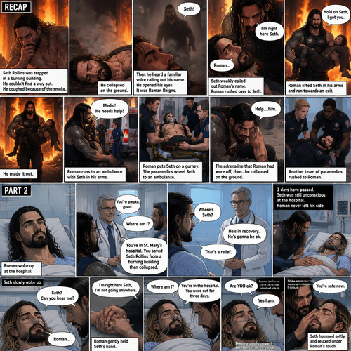 (Recap) Seth Rollins was trapped in a burning building,he couldn’t find a way out,he coughed because of the smoke,he collapsed on the ground,then he heard a familiar voice calling out his name,He opened his eyes,it was Roman Reigns,Seth weakly called out Roman’s name,Roman Rushed over to Seth,”I’m right here Seth” said Roman,he lifted Seth in his arms,”Hold on Seth,I got you” Roman said to Seth”,Roman runs towards an exit,he made it out,He runs to an ambulance with Seth in his arms,”Medic! He needs help!” Roman yelled,he puts Seth on a gurney,the paramedics wheel Seth to an ambulance,the adrenaline that Roman had wore off,”Help….him” said Roman,then….he collapsed on the ground,another team of paramedics rushed to Roman. (And now part 2). Roman woke up at the hospital. A doctor walked in. “You’re awake,good” said the doctor. “Where am I?” Roman asked. “You’re in st. Mary’s hospital,You Saved Seth Rollins from a burning building then collapsed” said the doctor. “Where’s…Seth?” Roman asked. “He’s in recovery,He’s gonna be ok” said the doctor. Roman was relieved. 3 days have passed,Seth was still unconscious at the hospital. Roman never left his side. Seth slowly woke up. “Seth? Can you hear me?” Roman asked softly. Seth spoke weakly “Roman”. Roman gently held Seth’s hand. “I’m right here Seth,I’m not going anywhere” Roman said softly. “Where am I?” Seth asked weakly. Roman gently stroked Seth’s head. “You’re in the hospital,You were out for three days” Roman said Softly. Seth looked at Roman. “Are YOU ok?” Seth asked softly. “Yes I am” Roman said Softly. Roman gently placed his hand on Seth’s cheek. Seth hummed softly and relaxed under Roman’s touch. “You’re safe now” Roman said Softly. (The end)