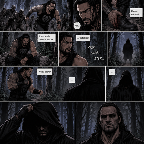 Roman Reigns is in a zombie apocalypse,He walking in the woods. He hurt his ankle while running away from a zombie horde. He’s far away from them and limping in the woods. The pain in his ankle was too much to ignore so he sat down on a rock,he sat there for a while….then….he heard distant footsteps. He looked behind him. There’s a hooded figure in the distance. He slowly stood up,he had his guard up. The hooded figure stopped walking. They were silent for a while. Then….the hooded figure took of his hood