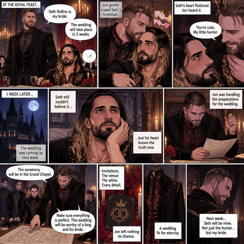 (Recap)Jon Moxley (The vampire king) and Seth Rollins (The vampire hunter…well now The bride Of Jon Moxley) were at the royal feast,Seth was stunned because Jon announced that Seth was his bride,Jon also said that the wedding would take place in 2 weeks,Seth just sat there stunned,Jon sat down and wrapped his arm around Seth and pulled him close,He gently kissed Seth’s forehead,Seth’s heart fluttered,Jon heard it and said “you’re cute,My little hunter”. (And now part 6). 1 week had passed,the wedding was coming up next week. Seth still couldn’t believe it…but his heart knows the truth now. Jon was handling the preparations for the wedding