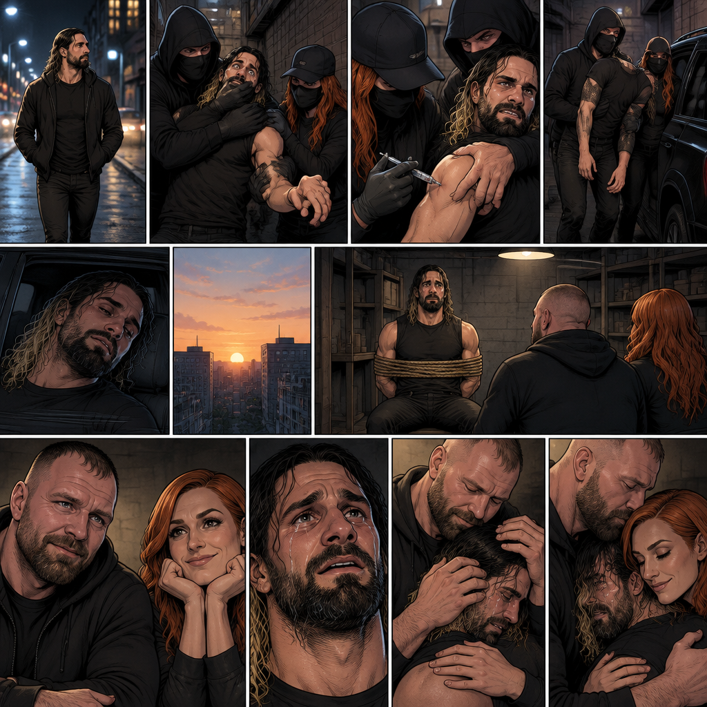 Seth Rollins was walking alone at night,Then….as he walked past an alley…A man and a woman wearing masks grabbed him.They dragged him into the alleyway,He was struggling.The masked man covered Seth’s mouth before he could call for help.Seeing that he was still struggling The masked woman injected a sedative into Seth’s body,Despite his efforts to resist it Seth slowly drifted into unconsciousness.The masked man carried him to his car with the masked woman following behind,they got into it and drove away.The next morning,Seth slowly regained consciousness,He was in some sort of basement tied to a chair.The masked man and masked woman were sitting in front of him…looking at him…as if he were the most precious thing in the world to them.They took off their masks,Seth couldn’t believe it….It was Jon Moxley and Becky Lynch!! Turns out they’ve been obsessed with him for a long time.Seth felt overwhelmed,Tears streamed down his face.Jon and Becky saw this and walked over to hug Seth and gently comforted him
