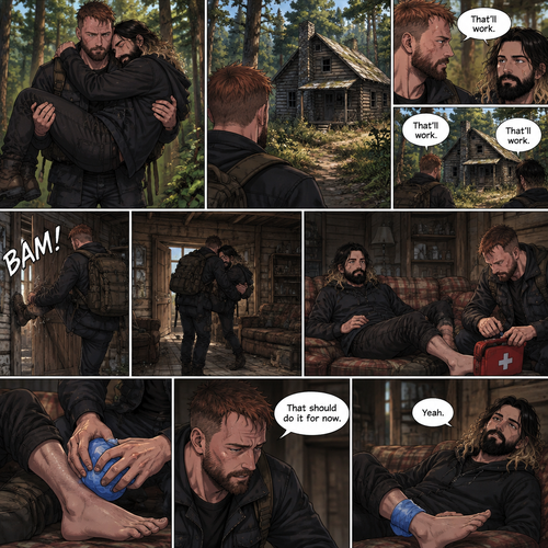 (Part 5). Still in the zombie apocalypse. Jon Moxley was walking in the woods while Holding Seth Rollins in his arms after emotional reunion near the river. Seth was resting his head on Jon’s shoulder while holding on. Jon looked ahead and he sees an abandoned Cabin. Seth Sees it too. Jon and Seth looked at each other,Then they looked back at the cabin. “That’ll work” Jon and Seth said in unison. Jon walked to the cabin,Then he kicked the door open and walked inside. He gently put Seth down on the couch. He reached into his bag and pulled out a first aid kit,He gently lifted Seth’s sprained ankle,He grabbed an ice pack from the first aid kit and gently puts it on Seth’s ankle. “That should do it for now” said Jon. Seth nodded 