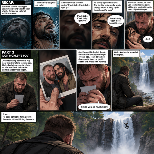 (Recap) Still in the Zombie Apocalypse. Seth Rollins’s world was still black after he fell down a waterfall and hit the water,The his body coughed out water,Then a familiar voice faded in saying “It’s ok baby,It’s ok baby,I got you”,he slowly opened his eyes,the familiar voice spoke again saying “That’s it baby,Open those beautiful eyes”,his vision cleared,he sees Jon Moxley looking down at him and holding him with tears of joy in his eyes,”Jon?” Seth asked weakly. (And now part 3) (This is Jon Moxley’s POV). Jon was sitting down on a log near the river alone looking sad. He looked at a romantic photo of Him and Seth before the zombie apocalypse began. Jon thought Seth died the day the zombie apocalypse began 4 years ago. Tears streamed down Jon’s face,He gently kissed the photo he’s holding. “I miss you so much baby” Said Jon. He looked at the waterfall,He sighed,Then….He sees someone falling down the waterfall and hitting the water