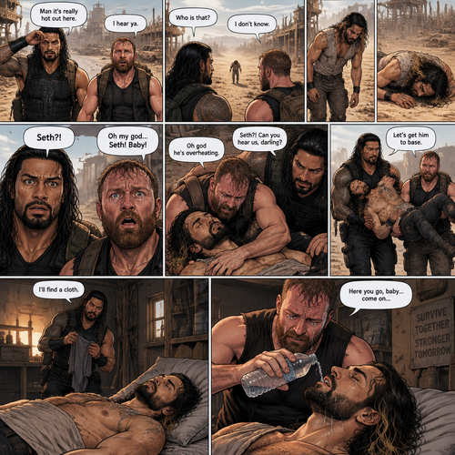It’s a post apocalyptic world,Roman Reigns and Jon Moxley were side by side surviving the apocalypse together.They fought Bandits and raiders and scavenged for supplies.One day it was really hot outside. “Man it’s really hot out here” Said Roman. “I hear ya” Said Jon.They were about to head back to their base…then they see a person in the distance,He looked like he was overheating. “Who is that?” Asked Jon “I don’t know” said Roman.The person must’ve saw them because he began to walk towards them,but before he got closer to them he passed out due to overheating.Roman and Jon looked at each other,and then walked towards the unconscious man.when they got closer…they recognized him,They shocked…they ran towards him….It was Seth Rollins.Jon had tears in his eyes. “Oh my god,Seth! Baby!” Said Jon as he pulled Seth in his embrace. “Seth?! Can you hear us,darling?” Said Roman.Seth’s breathing was a bit shallow. “Oh god he’s overheating” Said Jon. “Let’s get him to base” said Roman.They carried him to their base.They put him on the bed,Roman went to go find a cloth while Jon went to go get a bottle of water.Jon quickly came back with a bottle of water,He gently sat Seth’s unconscious body up and poured the water into Seth’s mouth