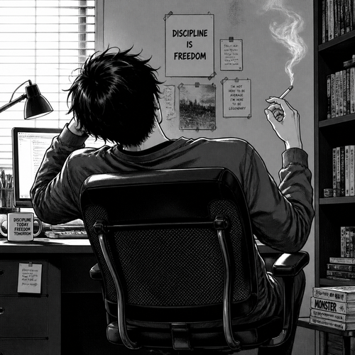 Back view, seating a desktop table chair, leaning backwards and thinking, a burning cigarette at left hand