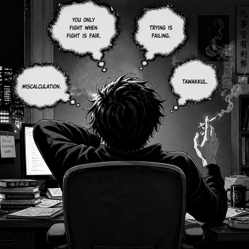 Back view, seating a desktop table chair, leaning backwards and thinking, a burning cigarette at left hand 
Many voices at head - (you only fight when fight is fair) (trying is failing) (miscalculation) (tawakkul)