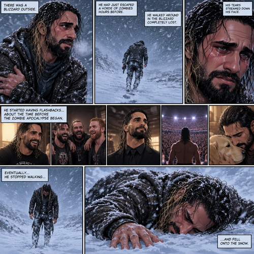 There was a blizzard outside,Seth Rollins was in the middle of it,He had just escaped a horde of zombies hours before.He was shaking because of the cold.He walked around in the blizzard completely lost.His tears streamed down his face.He started having flashbacks about the time before the Zombie Apocalypse began.Eventually….He stopped walking…And fell onto the snow