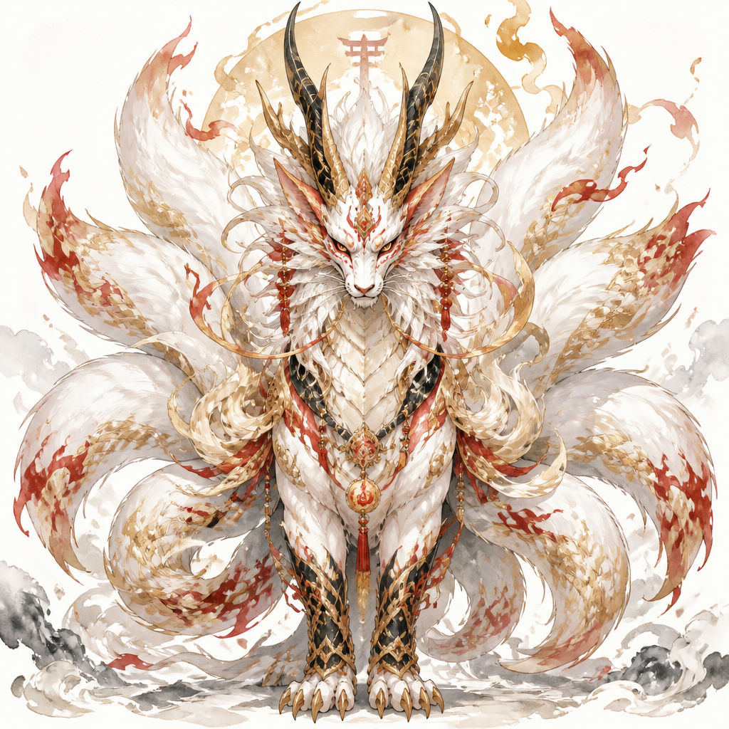 Fuse Oni, loung dragon, 9 tail fox into a completely new creature has all the best appearance from Oni, loung dragon, 9 tail fox. Only show final product. Colors white,gold,red, black. Front view