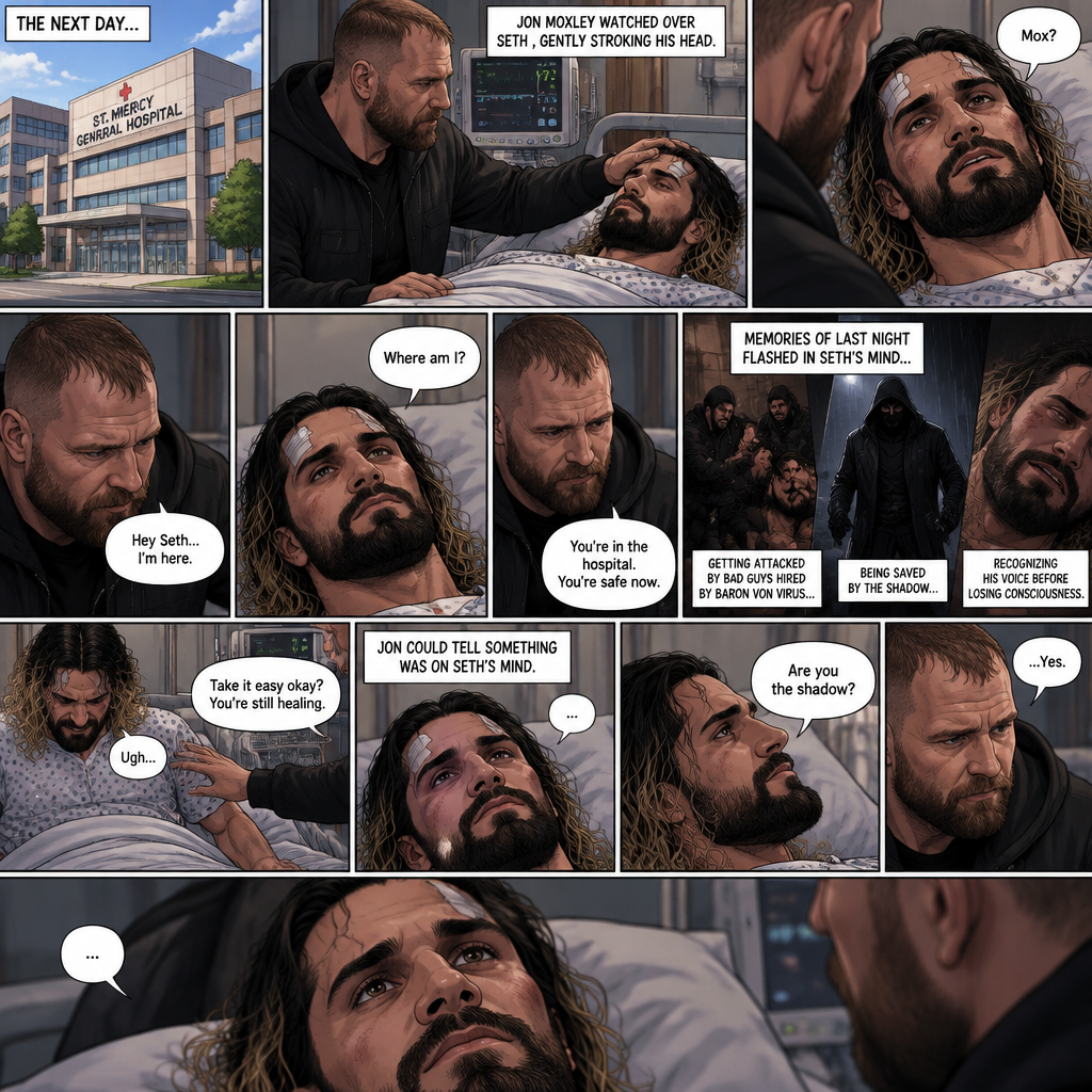 (Part 2 of the Vigilante x detective story). The next day,Seth Rollins (The detective) was still unconscious. Jon Moxley (A.K.A The vigilante known as the shadow) was watching over him. He gently stroked Seth’s head. Then…Seth slowly regained consciousness. He spoke weakly “Mox?”. “Hey Seth…I’m here” Jon said Softly. Seth was silent for a bit before he spoke weakly “Where am I?”. “You’re in the hospital,You’re safe now” Jon said softly. Memories of last night flashed in Seth’s mind,From getting attacked by Bad guys hired By Baron von virus to being saved by the shadow to recognizing his voice before losing consciousness. Seth tried to sit up but couldn’t because of the pain. “Take it easy okay?,You’re still healing” Jon said softly. Seth was quiet for a moment. Jon could tell something was on Seth’s mind. Then…Seth asked Jon the one question that he thought in his mind “Are you the shadow?”. Jon knew this day would come. He didn’t deny it. “…Yes” Jon said softly. Seth was quiet for a moment again