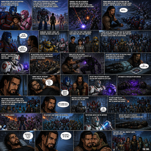 WWE Superstar Roman Reigns ends up on Cybertron as a child and ended up adopted by Optimus Prime and Elita-1.Years later Cybertron is falling apart,Elita-One stays behind while Roman,Optimus Prime and the other Autobots leave on the ark after an emotional goodbye.Then suddenly they get attacked by Megatron and the Decepticons.Then The Deceptions shoot the ark’s wing and Roman and Optimus and the other Autobots crash land on another planet.After A while Roman wake up and looks around and sees Optimus and the Autobots unconscious.Roman opens the Arks hatch and sees…That he’s on the one planet that he thought he would never return to…His home planet..Earth.Then Optimus wakes up.Roman explains to him that they’re on earth,Then bumblebee,Ratchet,Arcee,Jazz,Ironhide and wheel jack wakes up.Timeskip to 3 days later.They meet Three humans,Thier names are Jack,Miko and Raph.Timeskip to 2 years later.Roman and Optimus and the Autobots have been working along side Jack,Miko and Raph to protect earth from the Decepticons.Then Ratchet made a terrifying discovery…Megatron is using Dark energon.Then the base alarm went off.The Decepticons have found the Autobot base and were attacking them.Then a mysterious creature in a dark energon cyber suit attacks Roman.Roman manages to defeat him.The Decepticons realize they’re overwhelmed by the Autobots they retreat leaving the mysterious creature behind.Roman Carries the unconscious creature to Ratchet’s lab.As he puts him on the table an old picture falls out of his pocket.While ratchet Straps the unconscious mysterious creature to the table Roman looks at the photo.There’s two young boy on it,As Roman looked closely at the photo….He realizes that it’s him with a friend of his as kids, “No….It can’t be” said Roman. Optimus and Ratchet Noticed the look on his face, “Roman? What’s Wrong?” Asked Optimus. But Roman didn’t answer.He walked to the unconscious man,He takes off the Helmet…and sure enough…It was Seth Rollins (Roman and Seth are childhood friends in this story).Roman was shocked,Then tears stream down his face. “Seth..It is you” Roman said to him self.Optimus Gently hugged Roman from behind.Ratchet takes a sample of Seth’s blood to analyze it while Roman silently cries in Optimus’s arms and Arcee,Bumblebee,Wheeljack,Ironhide,Jack,Miko and Raph watch with sympathetic looks on their faces.20 Minutes later Ratchet returns with a grim look on his face.He has the results.Apparently Megatron has been injecting Dark energon into Seth’s body.Roman was Angry when he heard this.Then…Seth Suddenly wakes up and thrashing around and wanting to attack someone.His eyes and body were glowing with dark energon.Ratchet and Wheel Jack grabs him the straps him down on the table.It’s pretty clear…The Autobots must strike! They prepare for battle,Ratchet Volunteers to stay behind and find an antidote for the dark energon,Roman makes a cyber battle suit for himself,Jack,Miko and Raph…Filled with blue energon! Roman looks at Seth silently. “Don’t worry Seth…I’ll be back soon” Roman said to himself.They leave for the Decepticon base. Meanwhile Megatron was lecturing Starscream about his latest failure…Then the base alarm went off, Roman and Optimus and the Autobots and the humans were here.Then the battle ensued,Bumblebee and wheel jack took on sound wave,Arcee and Jack took on black arachnid,Miko and Raph took on Starcream and Optimus and Roman Took on Megatron.Eventually the Autobots and the humans were victorious.When they returned Ratchet was waiting for them…with the antidote for the dark energon!They all head to the lad where Seth was still thrashing around on the strapped table.Ratchet had to inject a sensitive into him.Seth Slipped back into unconsciousness after that.Ratchet went to get the antidote.Roman holds Seth’s hand while he waits.Ratchet returned with the antidote,He injected it into Seth.10 minutes later Roman hadn’t left his side.The dark energon in Seth’s body had long been cleared out,Then….Seth slowly wakes up,His eyes were back to normal,The first face he sees was Roman’s.he slowly recognizes him. “Roman?…Is that you?” Seth said softly.”Yes Seth…It is me” Roman said softly.Tears started streaming down Seth’s face.He couldn’t believe…That Roman came back.Roman gen