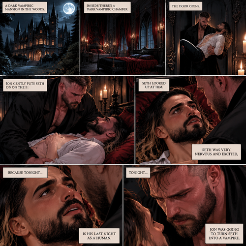 There’s a Dark Vampiric mansion in the woods,Inside there’s a dark Vampiric chamber.The door opens,A vampire (Jon Moxley) walks in carrying his human lover (Seth Rollins).Jon Gently puts Seth on the bed.Seth looked up at him.Seth was very nervous and excited,Because tonight…is his last night as a human,Tonight…Jon was going to turn Seth into a vampire