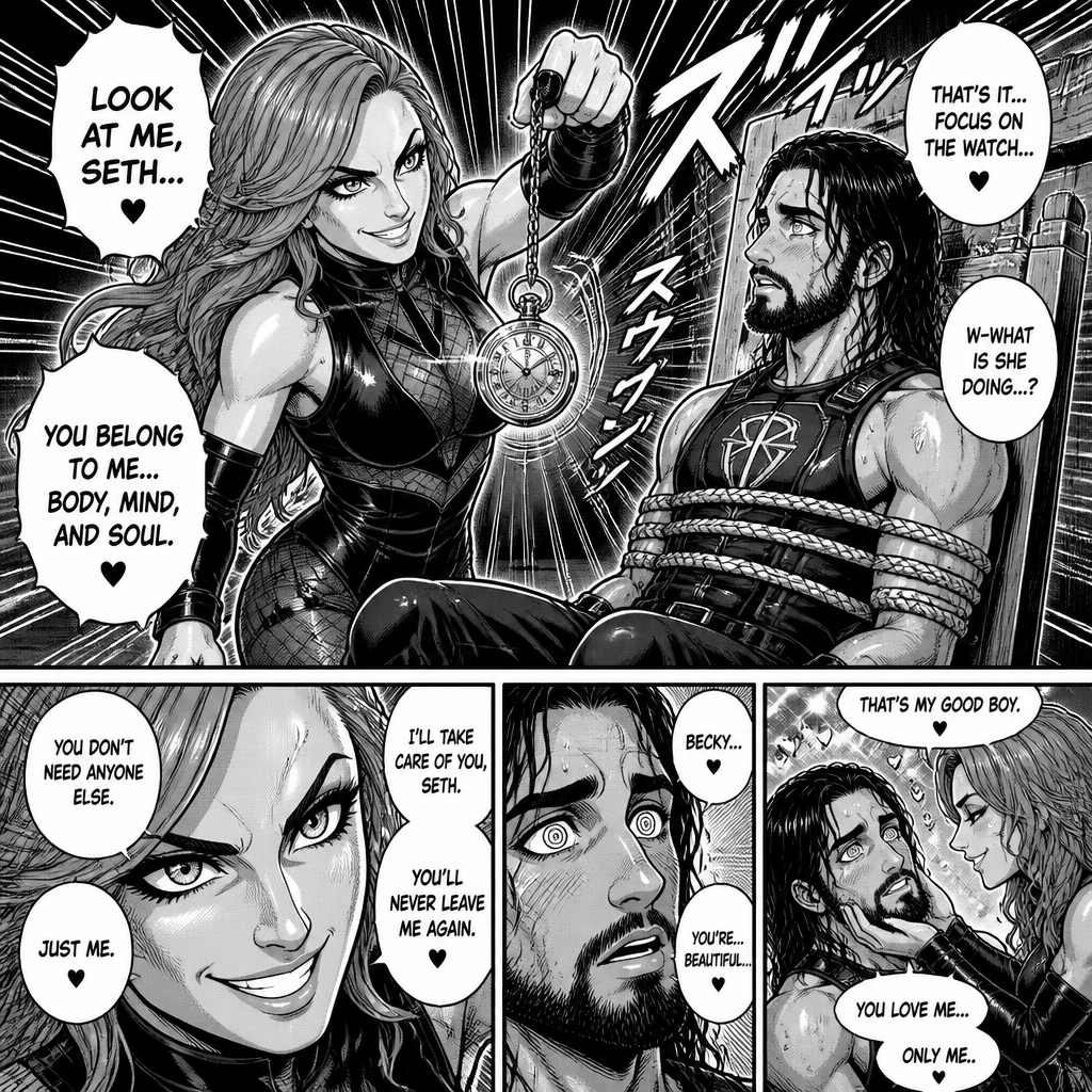 Becky Lynch obsessed with Seth Rollins so she kidnapped him.She takes out a pocket watch and swings it side to side in front of Seth to hypnotize him into loving her