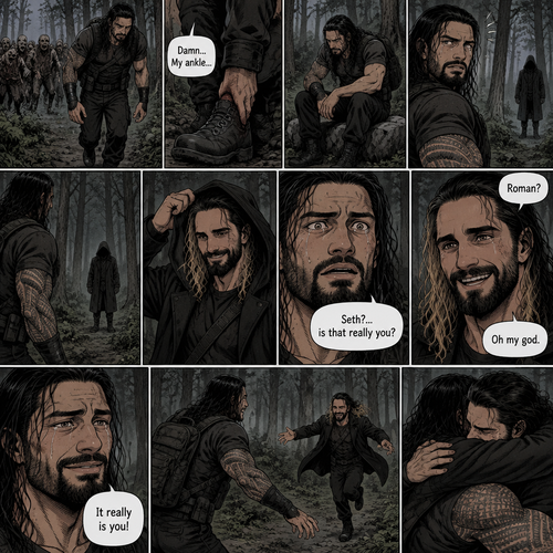 Roman Reigns is in a zombie apocalypse,He walking in the woods. He hurt his ankle while running away from a zombie horde. He’s far away from them and limping in the woods. The pain in his ankle was too much to ignore so he sat down on a rock,he sat there for a while….then….he heard distant footsteps. He looked behind him. There’s a hooded figure in the distance. He slowly stood up,he had his guard up. The hooded figure stopped walking. They were silent for a while. Then….the hooded figure took off his hood…it was….Seth Rollins. “Roman?” Said Seth. Roman’s eyes widened. “Seth?…is that really you?” Roman asked. Seth slowly smiled with joy. “Oh my god” Seth said softly. Roman slowly smiled and tears of joy welled up in his eyes. “It really is you!” Said Roman. Roman limped towards Seth while Seth runs towards Roman