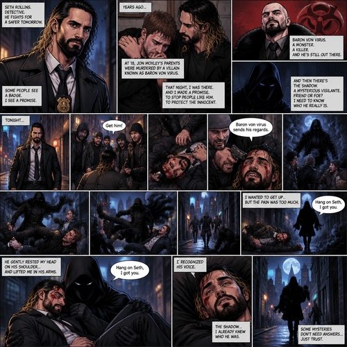 Seth Rollins is a detective. He and Jon Moxley had been friends for years. When Jon was 18 years old His parents were murdered by a villain known as Baron Von Virus. Seth (who was also 18 at the time) comforted him that night. Ever since then Seth dedicated himself to stopping criminals like Baron Von virus and protecting the innocent. He was also trying to figure out the identity of a mysterious Vigilante known as the shadow. One night he walking down the sidewalk,Then a group of bad people attacked him. He tried to fight back but they overpowered him. They beat him up,Then they hold him down. One of them points a gun at his head and says “Baron von virus sends his regards”. He was about to pull the trigger…but then a shadow myst engulfed him. The shadow is here. They let Seth go and try to attack the shadow but he overpowered them with the power of the shadows and his hand to hand combat skills. Seth wanted to get up but he was too much in pain to do so. The bad guys eventually give up and retreat. The shadow ran towards Seth. He gently rested Seth’s head on his shoulder and gently lifted him in his arms. He started walking. “Hang on Seth,I got you” The shadow said softly. Seth recognized his voice