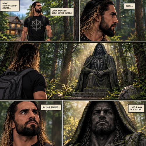 Seth Rollins was walking in the woods near his house,Then…he discovered an old statue Of a man in a cloak (Roman Reigns)