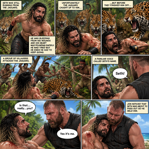 (Recap) Seth Rollins was on a cruise,then one night Thunder came,Seth got up from bed,The ship was rocking against the waves,Seth fell overboard,He swam as best he could,A wave crashed down on him,Everything went black,A few hours later,Seth woke up on shore,He was on an island,8 days have passed,He was still on the island,He walked to the jungle for more food,Then a group of jaguars attacked him,They bit him in the arm and leg,He managed to yank them off him and ran. (And now part 3). Seth was still running from the jaguars. He was bleeding from his wounds and his heart was pounding rapidly,He was tired but he knew he had to keep going. Unfortunately the jaguars caught up to him….but before they finished him off….a group of villagers attacked the Jaguars. A familiar Voice called Seth’s name. Seth looked up….He couldn’t believe it….It was Jon Moxley (He was missing for 3 months). Jon gently helped Seth stand up. “Is that….really….you?” Seth asked. “Yes it’s me” Said Jon. Jon noticed that Seth was about to pass out so he held him