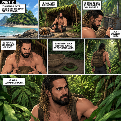 (Recap) Seth Rollins was on a cruise,then one night Thunder came,Seth got up from bed,The ship was rocking against the waves,Seth fell overboard,He swam as best he could,A wave crashed down on him,Everything went black,A few hours later,Seth woke up on shore,He was on an island,He has to figure out how to survive on the island. (And now part 2). It’s been 8 days since he ended up on the island. He has food and shelter. He tried to use an old radio to call for help but it wouldn’t work. He noticed he ran out of food,So he went back into the jungle to get some more. He was looking around