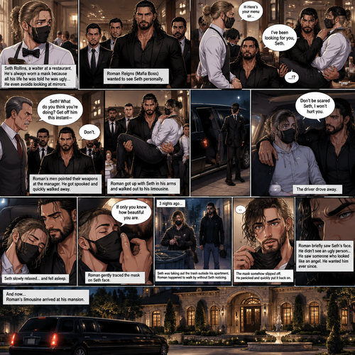 (Recap) Seth Rollins is a waiter at a restaurant,He’s wearing a mask that covers his face because all his life he was told he was ugly and he believed them,He’s also was even too afraid to look at mirrors,Then Roman Reigns (Mafia Boss) and his men walked in and sat down at a table,He wanted to see Seth personally,Seth was nervous but walked over here,Roman wrapped his arm around Seth’s waist and pulled him onto his lap,Seth gasped softly,Roman stated that he’s been Looking for Seth,Seth was confused,The manager walked over and was about to lecture Seth but Roman’s men pointed their weapons at him,Roman gave him a cold look and said “Don’t”,The manager got spooked and walked away,Roman got up with Seth in his arms and walked out to his limousine. He put Seth on the seat,Then he got in and sat beside him,The driver drove away,Roman Wrapped his arm around Seth,”Don’t be scared Seth,I won’t hurt you” Roman Said softly. Seth slowly relaxed,Roman gently rubbed Seth’s back,Seth fell asleep,Roman gently traced the mask on Seth’s face,”If only you knew how beautiful you are” Roman said Softly,3 nights ago Seth was taking out the trash outside his apartment,Roman happened to walk by without Seth noticing,The mask somehow slipped off Seth’s face,He panicked and picked it up and put it back on,Roman briefly saw Seth’s face,He didn’t see an ugly person,he saw someone who looked like an angel,He wanted him ever since. (And now part 4). Roman’s limousine arrived at his mansion