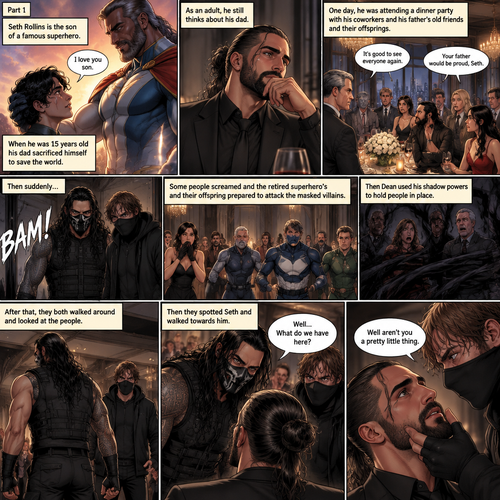 (Part 1 of an Ambrolleigns story) Seth Rollins is the son of a famous superhero. When he was 15 years old his sad sacrificed himself to save the world,the last this his dad said to him was “I love you son”. As an adult he still thinks about his dad. One day He was attending a dinner party with his coworkers and his father’s old friends and their offsprings,Then suddenly….Two masked villains (Roman Reigns and Dean Ambrose) bursts in. Some people screamed and the retired superhero’s and their offspring prepared to attack the masked villains. Then Dean used his shadow powers to hold people In place. After that they both walked around and Looked at the people,Then they spotted Seth and walked towards him. “Well…What do we have here?” Roman asked. Dean grabbed Seth’s chin. “Well aren’t you a pretty little thing” Said Dean