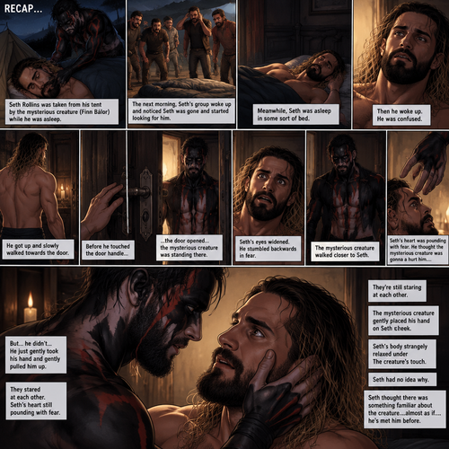 (Recap). Seth Rollins was taken from his tent by the mysterious creature (Finn Bálor) while he was asleep,The next morning,Seth’s group woke up and noticed Seth was gone and started looking for him,Meanwhile,Seth was asleep in some sort of bed,Then he woke up. He was confused,He was in some sort of bedroom,He got up and slowly walked towards the door,Before he touched the door handle…the door opened…the mysterious creature was standing there,Seth’s eyes widened,He stumbled backwards in fear,The mysterious creature walked closer to Seth,He reached towards Seth,Seth’s heart was pounding with fear,He thought the mysterious creature was gonna a hurt him….But….he didn’t…he just gently took his hand and gently pulled him up,They stared at each other,Seth’s heart still pounding with fear. (And now part 3). They’re still staring at each other. The mysterious creature gently placed his hand on Seth’s cheek. Seth’s body strangely relaxed under The creature’s touch,Seth had no idea why. Seth thought there was something familiar about the creature….almost as if….he’s met him before