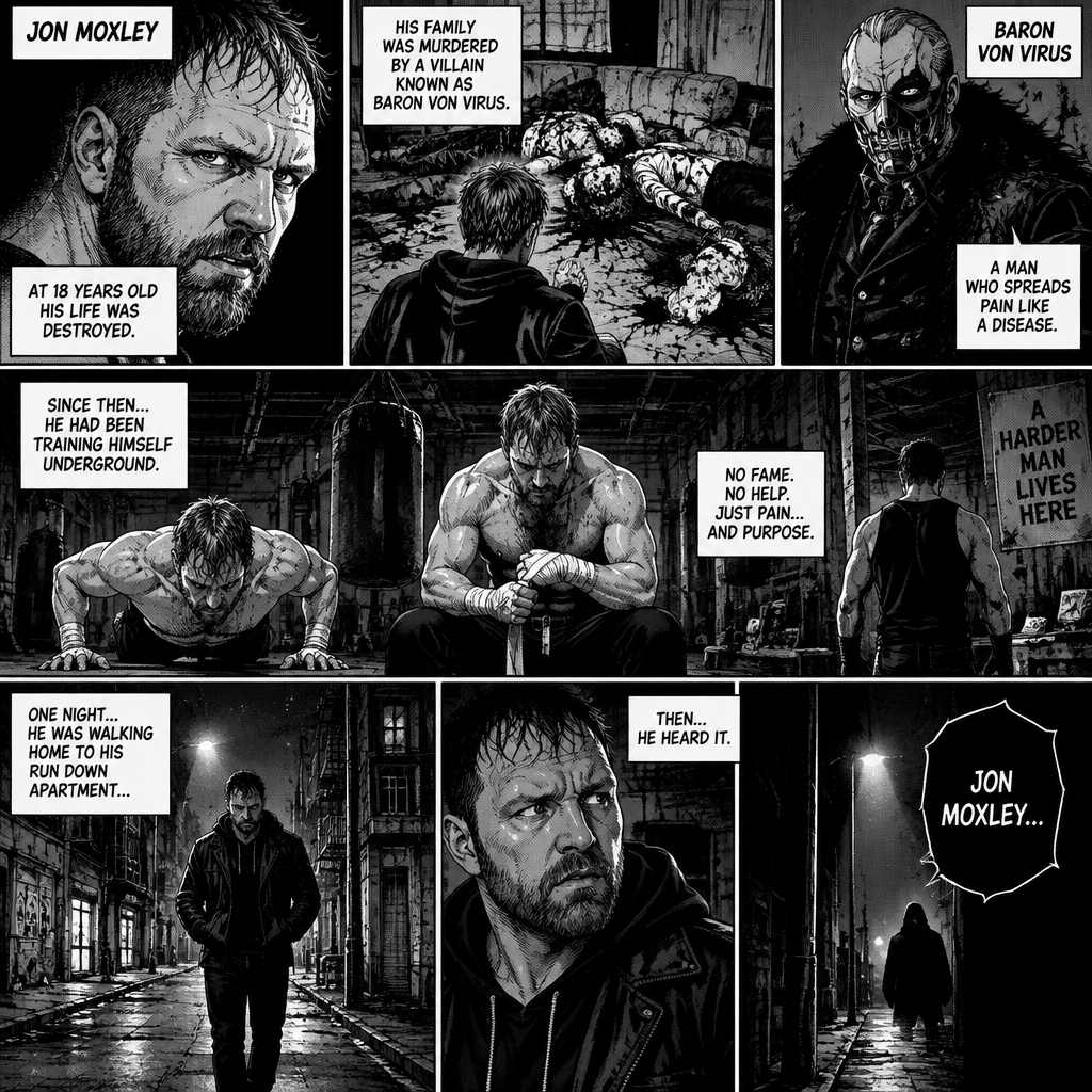 Jon Moxley as a vigilante born from tragedy. When he was 18 years old his family was murdered by a villain known as Baron Von Virus. Since then he had been training himself underground. One night he was walking home to his run down apartment…then he heard a mysterious voice call out his name