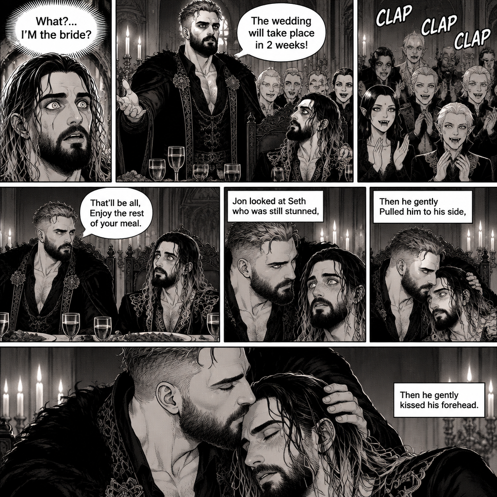 (Recap)Jon Moxley (The vampire king) and Seth Rollins (The vampire hunter…well now The bride Of Jon Moxley) arrived at the feast in the dining room,They sat down at the head of the table,Seth was nervous when the other vampires were staring at him,Jon gently held Seth’s hand and whispered that he was doing good,Seth relaxed,after an hour Jon stood up and dropped a bombshell,”With out further ado…behold…My bride!” Jon said while gesturing to Seth,Seth was shocked. (And now part 5). Seth couldn’t believe it. “What?…I’M the bride?” Seth said in his mind. “The wedding will take place in 2 weeks!” Jon announced. The vampires clapped. Seth just sat there stunned. “That’ll be all,Enjoy the rest of your meal” Jon said and then sat down. He looked at Seth who was still stunned,Then he gently Pulled him to his side,Then he gently kissed his forehead