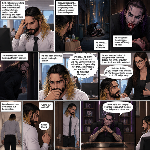 Seth Rollins was working at an office building. He’s usually focused on his work,But…today….he’s a bit shaken up and wasn’t able to sleep last night. Because last night….on his way home from the grocery store…he heard a scream from an alleyway. He looked…He saw….a Vampire. He recognized the vampire…it was Jeff Hardy…his boss. Seth quietly ran home hoping Jeff didn’t see him. He had been thinking about that night all day. He was snapped out of his thoughts when someone tapped him on the shoulder,It was Jessica Jeff’s assistant. “Hello Mr.Rollins,If you happen to be available Mr.Hardy would like to see you in his office right away” said Jessica. Dread washed over Seth’s face but he complied. “Oh god…he didn’t see me spot him last…Did he?,Calm down Seth,calm down,it’s probably not that…he probably just wanted to talk to me about the reports” Seth though. He knocked on the door. “Come in” said Jeff. Seth opened the door. “There he is,just the guy I wanted to see,shut the door behind you and take a seat” said Jeff. Seth closed behind him and took a seat