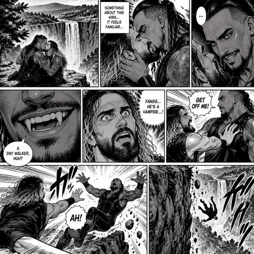 Part 5. Still at the cliff near the forest clearing with the waterfall view. The mysterious man (WWE superstar Damien priest) was kissing Seth Rollins. Seth felt like there was something familiar about the kiss. The man then smiled at him. Seth….then noticed….fangs in the man’s teeth…and realized…he’s a day walker vampire. He got scared and shoved the man off him…witch caused him the fall of the cliff backwards