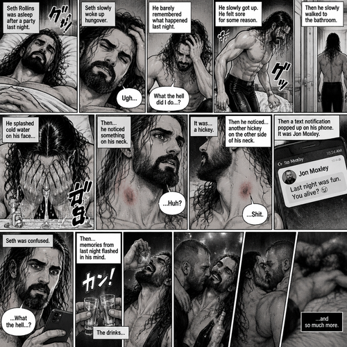 Seth Rollins was asleep after a party last night. Seth slowly woke up hungover,He barely remembered what happened last night. He slowly got up,He felt sore for some reason,Then he slowly walked to the bathroom. He splashed cold water on his face…then…he noticed something on his neck,It was…a hickey. Then he noticed…another hickey on the other side of his neck. Then a text notification popped up on his phone,It was Jon Moxley. Seth was confused,Then…memories from last night flashed in his mind. The drinks