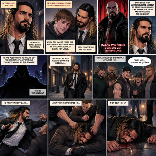 Seth Rollins is a detective. He and Jon Moxley had been friends for years. When Jon was 18 years old His parents were murdered by a villain known as Baron Von Virus. Seth comforted him that night. Ever since then Seth dedicated himself to stopping criminals like Baron Von virus and protecting the innocent. He was also trying to figure out the identity of a mysterious Vigilante known as the shadow. One night he walking down the sidewalk,Then a group of bad people attacked him. He tried to fight back but they overpowered him. They beat him up