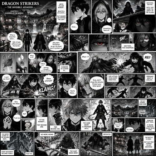 DRAGON STRIKERS — THE INVISIBLE ASSASSIN

Ultra-Detailed Manga Creation Prompt

Create a professional, cinematic Japanese shōnen manga chapter featuring Sora Amamiya and Rei Mikazuki fighting a mysterious invisible assassin near the border of the Abyss village. The scene must feel like a genuine, carefully illustrated manga created by a passionate fan who deeply understands the characters, their personalities, and the established story. Prioritize accurate character designs, suspense, emotional reactions, readable action choreography, expressive faces, dramatic black-and-white manga shading, and continuity between panels.

Do not rush the fight. Build tension gradually, make the invisible assassin genuinely frightening, and let Sora and Rei win through observation, teamwork, and their established fusion rather than random power-ups.

1. MANGA ART STYLE AND PRESENTATION

Use a polished Japanese shōnen manga art style with:

* Clean, confident black ink linework.
* Detailed hair strands, folds in clothing, facial expressions, and environmental textures.
* Strong black-and-white contrast with deep blacks, screentones, cross-hatching, and dramatic shadows.
* Dynamic perspective during combat, including low-angle shots, close-ups, tilted compositions, and wide establishing panels.
* Speed lines, impact lines, atmospheric particles, and carefully placed sound effects.
* Detailed backgrounds that remain readable without overwhelming the characters.
* Emotionally expressive eyes and faces.
* Large panels for important revelations and decisive moments.
* Small panels for sudden movements, changes in expression, and moments of silence.

Every panel must connect logically to the previous one. Keep character positions, clothing, weapons, bracelets, and injuries consistent. Action should be understandable even without dialogue.

Use a traditional manga reading direction, right to left, with clear panel borders and no confusing layouts.

2. CHARACTER DESIGN — SORA AMAMIYA

Sora Amamiya (空 雨宮) is a 17-year-old clanless protagonist, approximately 178 cm tall, with a slim athletic build.

His appearance must remain consistent throughout every panel:

* Messy, layered jet-black hair with sharp, irregular spikes and uneven bangs.
* Sharp light-grey eyes with dark pupils.
* A youthful but defined face.
* A fitted black high-collar jacket with silver buttons.
* A dark shirt underneath.
* Black trousers, a black belt with a rectangular silver buckle, and black lace-up combat boots.
* White bandages wrapped around both wrists and partially covering both hands.
* A dark travel bag, if he is still carrying it in the scene.

Do not add scars, tattoos, clan markings, or unexplained accessories.

Personality and expression: Sora is curious, courageous, stubborn, and quick to react when his friends are in danger. He is not an emotionless fighting machine. Show his alertness, frustration, surprise, and determination through his eyes, posture, and facial expressions.

During the fight, his black hair should move naturally with his movements. His jacket and bandages must react to his dashes and defensive movements. His eyes should remain light grey unless the established scene specifically calls for a change.

3. CHARACTER DESIGN — REI MIKAZUKI

Rei Mikazuki (零 三日月) has a calm, mysterious presence and acts as Sora’s guide through the Abyss.

His appearance must remain consistent:

* Soft, layered silver hair.
* Cool blue-grey eyes.
* A composed, observant expression.
* A black hooded cloak with subtle blue accents.
* Dark layered clothing beneath the cloak.
* Black trousers and black boots.
* A blue crystal pendant hanging from a silver chain.

His cloak should move dramatically during combat, revealing glimpses of his dark clothing. His silver hair should be clearly distinguishable from Sora’s black hair in every panel.

Personality and expression: Rei is perceptive, restrained, and composed under pressure. He watches his surroundings carefully and reacts decisively when danger appears. His calm expression can change into genuine shock when the invisible assassin attacks.

Do not portray Rei as weak, foolish, or constantly dependent on Sora. He is an experienced guide who contributes meaningfully to the battle.

4. CHARACTER DESIGN — THE INVISIBLE ASSASSIN

The assassin is a tall, lean, mysterious combatant who works for the ruler of the Abyss.

Maintain these visual details:

* Long, straight charcoal-black hair.
* Narrow crimson eyes.
* A black mask covering the lower half of the face.
* A fitted black combat outfit.
* Black gloves and dark trousers.
* Black boots.
* A long black hooded cloak.
* A dark-metal sword worn at the waist.

The assassin can become invisible. When invisible, the entire body, clothing, mask, hair, and sword must disappear. Do not show a transparent human silhouette that makes the ability useless.

Instead, suggest the assassin’s location through subtle environmental clues: disturbed dust, displaced leaves, shifting fabric, faint air distortion, and the reactions of Sora and Rei.

When the assassin becomes visible, restore the complete established design. The crimson eyes should feel intimidating, and the mask should conceal most facial expression.

The assassin should move with precision and patience rather than attacking randomly. Their movements should feel controlled, efficient, and difficult to predict.

5. SETTING — THE ABYSS VILLAGE BORDER

The battle takes place near the border of the beautiful hidden village in the Abyss.

Establish the environment with a wide opening panel:

* Wooden houses and lantern-lit paths in the distance.
* Narrow wooden bridges crossing streams.
* Waterfalls flowing down cliffs.
* Mist drifting between rock formations.
* Trees, scattered leaves, and uneven stone paths.
* A visible path leading away from the village toward the wilderness.
* The village border feeling quiet, isolated, and slightly ominous.

The beauty of the setting should contrast with the danger about to unfold.

Use the environment throughout the fight. Leaves should move when someone dashes past. Water should ripple when the characters land. Dust should rise from hard impacts. The ground should show believable marks from footwork.

As the fight progresses, clouds gather and rain begins to fall. The rain is essential to the resolution of the battle: water droplets will eventually reveal the invisible assassin’s position.

Do not introduce unrelated enemies, new powers, or additional characters.

6. OPENING — THE LAST MOMENTS OF PEACE

Begin with a wide panel of Sora and Rei walking toward the village border after their exploration.

Sora walks slightly ahead, looking around with curiosity. Rei follows nearby, his cloak moving gently in the wind.

The atmosphere is peaceful. The village is visible behind them, with distant lanterns and wooden rooftops.

Include a medium panel of Sora looking toward the path ahead, followed by a close-up of Rei’s observant eyes.

Rei notices something unusual.

He does not immediately announce that an assassin is present because he cannot yet identify the threat. He subtly turns his head, studying the surrounding trees and rooftops.

Cut to a distant rooftop behind them.

The assassin stands motionless beneath the hood, watching them. The face is partly hidden in shadow. The crimson eyes are the most visible feature.

Use a narrow, silent panel for the assassin’s eyes.

Then return to Sora and Rei, who continue walking without realizing they are being followed.

The suspense must come from the reader knowing that something is wrong while the characters remain unaware.

7. THE ASSASSIN DISAPPEARS

Show the assassin standing at the village border, watching Sora and Rei move farther away from the crowded village.

In a sequence of three small panels, show:

1. The assassin’s gloved hand moving toward the sword at their waist.
2. A close-up of the crimson eyes narrowing.
3. The assassin’s body disappearing completely.

The background remains unchanged, but the assassin is no longer visible.

Do not show a glowing transformation or an obvious magical aura. The disappearance should be sudden and unsettling.

Cut to Sora and Rei walking along the path.

A leaf drifts downward between them.

The leaf suddenly changes direction as if something unseen has passed nearby.

Rei pauses.

Rei: “…”

He looks toward the trees.

Sora notices him stopping.

Sora: “What is it?”

Rei scans the path, the rooftops, and the spaces between the trees.

Rei: “Nothing. I thought I noticed something.”

He continues walking, but his posture becomes more alert.

Behind them, show a narrow panel of a branch bending slightly beneath an invisible foot.

The assassin is closing the distance.

8. THE FIRST ATTACK — REI IS AMBUSHED

The attack must happen suddenly.

Show Rei walking beside Sora when an invisible attacker strikes from his blind side.

A sharp motion line cuts across the panel.

Rei’s eyes widen as he senses the attack only at the last possible moment.

Rei: “What—?!”

The impact sends him stumbling away from his original position. His cloak whips violently through the air.

Sora immediately turns.

Sora: “REI!”

Use a large, dramatic panel showing Sora rushing toward Rei while the attacker remains completely invisible.

Rei regains his footing and looks around, searching for the source of the attack.

Rei: “I can’t see them!”

Sora positions himself between Rei and the direction of the strike.

His expression changes from surprise to fierce concentration.

Sora: “Show yourself!”

The response is silence.

A narrow panel shows Sora’s fingers tightening inside his bandaged hands.

Another shows Rei looking in the opposite direction, trying to predict where the attacker might appear.

The assassin strikes again from an unexpected angle.

Sora moves to defend Rei, but the invisible opponent changes direction at the last instant.

The fight should establish that ordinary sight is useless against this enemy.

9. SORA’S CHAIN DEFENSE

Sora realizes that shouting at the assassin will not help.

He focuses on protecting himself and Rei, watching the environment for signs of movement.

He summons his established chain power to defend against the next attack.

Show dark chains appearing around Sora’s arms and extending into the space ahead of him. Their metal links should be clearly defined, with strong highlights against the dark background.

An invisible strike collides with the chains.

SFX: KLANG!

Sora’s eyes widen slightly as the impact reveals that the enemy is physically present.

He twists his body, redirecting the strike away from Rei.

The invisible assassin withdraws immediately.

Show a close-up of Sora’s light-grey eyes narrowing.

Sora: “You’re there…”

He cannot see the assassin, but he now knows that the attacks can be blocked.

Rei watches the chains carefully, understanding what Sora has discovered.

Rei: “Sora, don’t chase the attacks. Protect your blind spots!”

Sora adjusts his stance.

The next few panels show the assassin attempting attacks from different directions. Sora uses his chains to intercept the strikes, while Rei watches the surroundings and tries to predict the next attack.

Make the choreography clear:

* Sora blocks an incoming strike.
* The attacker withdraws before Sora can counterattack.
* Sora turns to cover Rei’s position.
* The assassin changes direction again.
* Rei realizes that neither of them can reliably track the opponent visually.

The assassin should feel dangerous because they control the timing of the fight, not because Sora and Rei suddenly become incompetent.

10. REI’S DECISION — THE BRACELETS

The fight reaches a stalemate.

Sora is defending against the invisible assassin, but he cannot land a decisive counterattack. Rei recognizes that their current approach is insufficient.

Show Rei watching Sora with a serious expression.

The wind blows his silver hair across his face. His blue crystal pendant catches a faint glint of light.

Rei looks down at the bracelets he wears.

Use a close-up of his hand moving toward them.

His expression remains composed, but his eyes show determination.

He removes his bracelets and passes them to Sora.

Rei: “Sora. Take these.”

Sora turns toward him, momentarily confused.

Sora: “Rei?”

Rei holds his gaze.

Rei: “Trust me.”

Do not add an explanation of the bracelets’ origin or invent a new ability. Their established role in this scene is to trigger the fusion between Sora and Rei.

Sora understands that Rei has a plan.

He takes the bracelets.

For one silent panel, their hands meet around the bracelets while the invisible assassin prepares to attack again in the background.

The contrast between the quiet handoff and the ongoing danger should make this moment feel important.

11. THE FUSION — SORA AND REI BECOME ONE

The instant Sora takes the bracelets, the fusion begins.

This must be a major visual moment, deserving a full-page spread or a large central panel surrounded by smaller reaction panels.

Begin with a close-up of the bracelets in Sora’s hand.

A sudden surge of energy spreads through the space around both characters.

Their clothing and hair are pulled by the force of the fusion. The ground beneath their feet reacts to the pressure.

Do not transform them into two separate fighters standing side by side. They become one fused character.

Fused appearance — essential accuracy:

* The fused character’s hair is grey, combining Sora’s black hair and Rei’s silver hair.
* The eyes are dark blue and black, combining visual elements of both characters.
* The overall appearance should feel like a balanced fusion of Sora and Rei, approximately 50/50.
* The fused character retains the recognizable design language of both original characters without simply placing one character’s head on the other’s body.
* Use a unified outfit design derived from their existing dark clothing, preserving the established black-and-blue visual identity.
* Do not introduce a new name, unexplained costume, extra limbs, or unrelated abilities.

Use several panels to show the fusion forming:

1. Sora gripping the bracelets.
2. Rei’s silver hair and Sora’s black hair sweeping into the energy.
3. Their silhouettes merging into one.
4. A close-up of the fused character’s dark blue-black eyes opening.
5. A final full-body reveal.

The fused character stands in the center of the path, perfectly balanced and ready to fight.

For a brief moment, everything becomes silent.

Then the invisible assassin attacks.

12. THE FUSED FIGHTER TAKES CONTROL

The fused character reacts faster and more effectively than Sora and Rei could separately.

Do not make the fusion win instantly. The assassin remains skilled and dangerous.

The fused fighter senses the attack through its movement and blocks with the chains.

SFX: KRAAANG!

The assassin retreats.

The fused fighter follows with a controlled counterattack, forcing the invisible opponent to dodge.

Show the sequence through clear, connected panels:

* The fused fighter blocks an attack from the side.
* A chain sweeps across the path, forcing the assassin to move.
* The fused fighter pivots and launches a second attack.
* The assassin evades it by disappearing into the surrounding space.
* The fused fighter pauses, realizing that the assassin can still evade direct targeting.

The fused fighter’s expression should be focused and composed. Their movements combine Sora’s courage and aggressive instincts with Rei’s precision and observation.

The assassin begins to lose control of the fight’s rhythm.

However, the fusion still cannot reliably locate the invisible enemy.

The battle reaches another tense pause.

13. THE WEATHER CHANGES

Clouds gather above the village border.

Start with a wide panel showing the sky darkening over the cliffs and wooden rooftops.

A distant rumble of thunder echoes through the valley.

The fused fighter looks upward briefly.

The first raindrop falls onto the stone path.

Then another.

Soon, rain begins to fall steadily.

Show the rain striking:

* The wooden bridge.
* The leaves of nearby trees.
* The fused fighter’s grey hair.
* The dark chains.
* The empty space where the assassin is moving.

The rain should not immediately solve the fight. Build the realization slowly.

The invisible assassin moves in for another attack.

A raindrop falls through the air.

Then another.

Several droplets suddenly change direction and scatter around a point in empty space.

The fused fighter notices.

Use a close-up of the dark blue-black eyes focusing on the disturbed rain.

The assassin has moved through the falling water.

The invisible body is still unseen, but the rain is revealing its position.

14. THE INVISIBILITY IS COUNTERED

The rain becomes heavier.

The assassin attempts to move around the fused fighter, but water droplets strike the invisible body and cling to its outline.

At first, show only scattered droplets suspended in the air.

Then gradually reveal more of the assassin’s position:

* Water runs down an unseen shoulder.
* Droplets trace the outline of an arm.
* The rain splashes against an invisible torso.
* Water falls from the edges of the assassin’s cloak.
* Footsteps disturb puddles along the stone path.

Do not suddenly turn the assassin into a glowing transparent figure. The water itself reveals where the body is.

The fused fighter turns toward the disturbed rain.

Fused fighter: “There!”

The assassin realizes that their invisibility is no longer enough.

For the first time, the opponent’s movements become readable.

The assassin tries to change direction quickly, but the rain follows the movement and exposes the new position.

Use a dramatic panel in which the fused fighter stands in the foreground while the assassin’s location is outlined by falling water in the background.

The assassin’s crimson eyes become visible for a brief instant through the droplets.

15. THE FINAL EXCHANGE

The fused fighter launches a decisive attack.

The assassin attempts to evade, but the rain reveals the movement before the strike can connect.

The fused fighter redirects the chains toward the exposed position.

The assassin blocks with the dark-metal sword.

SFX: CLAAANG!

Water explodes outward from the collision.

The assassin is forced backward, boots scraping across the wet stone.

The fused fighter continues pressing forward, using controlled chain movements to restrict the assassin’s escape routes.

Keep the action readable and consistent:

* The chains force the assassin away from the trees.
* The rain reveals every sudden movement.
* The assassin attempts one final evasive maneuver.
* The fused fighter anticipates the movement and blocks the escape route.
* A final, carefully composed counterattack defeats the assassin.

Show the assassin falling onto the wet stone path, their cloak spread around them. Their invisibility ends, revealing the established full character design.

Do not add graphic injury details. The defeat should be communicated through posture, the fallen sword, and the assassin’s inability to continue fighting.

The rain continues to fall around the two figures.

The fused fighter stands over the defeated assassin, breathing steadily.

16. THE QUIET AFTERMATH

The action ends.

The rain softens.

The fused fighter looks down at the bracelets, then at their own hands, processing what just happened.

The fusion ends, returning Sora and Rei to their original separate forms. Preserve their original hairstyles, eye colors, clothes, and accessories accurately.

Sora looks at Rei.

Sora: “That was close.”

Rei looks toward the defeated assassin, then back at Sora.

Rei: “Too close.”

Show them standing side by side in the rain, tired but alert.

Sora glances toward the village and realizes that the assassin was sent by someone with power over the Abyss.

His expression becomes serious.

Rei’s gaze hardens as he remembers the truth they discovered about the ruler.

Neither character should suddenly explain the entire mystery to the reader. Let their expressions and the silence convey that this fight has revealed something larger.

Finish with a wide panel of Sora and Rei standing at the village border, with the defeated assassin behind them and the distant village visible through the rain.

The atmosphere should communicate that the battle is over, but their adventure is only beginning.

17. FINAL QUALITY REQUIREMENTS

* Keep Sora’s jet-black hair and light-grey eyes accurate before the fusion.
* Keep Rei’s silver hair, blue-grey eyes, black cloak with subtle blue accents, and blue crystal pendant accurate before the fusion.
* During fusion, use grey hair and dark blue-black eyes.
* Preserve the assassin’s charcoal-black hair, crimson eyes, black mask, dark combat clothing, hooded cloak, gloves, boots, and sword whenever visible.
* The assassin must be genuinely invisible until environmental clues reveal their position.
* Rain must be the decisive environmental factor that exposes the assassin.
* The bracelets trigger the fusion; do not invent a different fusion mechanism.
* The fused character is one person, not two people standing together.
* Maintain consistent character proportions, clothing, geography, and movement between panels.
* Do not introduce new characters, new lore, unexplained powers, or an alternate ending.
* Do not skip the ambush, the defensive struggle, the bracelet handoff, the fusion, the rain revelation, or the aftermath.
* Make every major emotional beat visually clear.
* Give the fight enough panels to feel like a full, memorable manga sequence rather than a short summary.

Overall goal: Create a suspenseful, emotionally engaging, visually coherent shōnen manga fight that feels faithful to Dragon Strikers. The reader should experience the terror of an enemy they cannot see, the trust between Sora and Rei, the spectacle of their fusion, and the satisfaction of seeing the rain turn the assassin’s greatest advantage into a weakness.