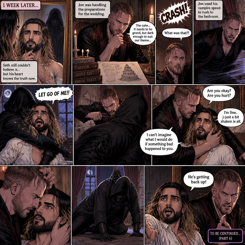 (Recap)Jon Moxley (The vampire king) and Seth Rollins (The vampire hunter…well now The bride Of Jon Moxley) were at the royal feast,Seth was stunned because Jon announced that Seth was his bride,Jon also said that the wedding would take place in 2 weeks,Seth just sat there stunned,Jon sat down and wrapped his arm around Seth and pulled him close,He gently kissed Seth’s forehead,Seth’s heart fluttered,Jon heard it and said “you’re cute,My little hunter”. (And now part 6). 1 week had passed,the wedding was coming up next week. Seth still couldn’t believe it…but his heart knows the truth now. Jon was handling the preparations for the wedding. Seth was looking in the mirror…then he saw a shadowy figure in the reflection…someone was right behind him. Jon was trying to figure out some details for the wedding cake….Then he heard a loud crashing noise coming from the bedroom,Then he heard Seth yelling “LET GO OF ME!!”. Jon used his vampire speed to rush to the bedroom. The mysterious figure was trying to drag Seth out the window. Seth was struggling to get himself free. Jon arrived just in time,He attacked the mysterious figure. Once the mysterious figure was knocked out Jon rushed over to Seth. “Are you okay?,are you hurt?” Jon asked “I’m fine..j-just a bit shaken is all” said Seth. Jon gently held Seth. “I can’t imagine what I would do if something bad happened to you” Said Jon. Then….the mysterious figure slowly got up. Seth noticed. “He’s getting back up!” Seth said to Jon