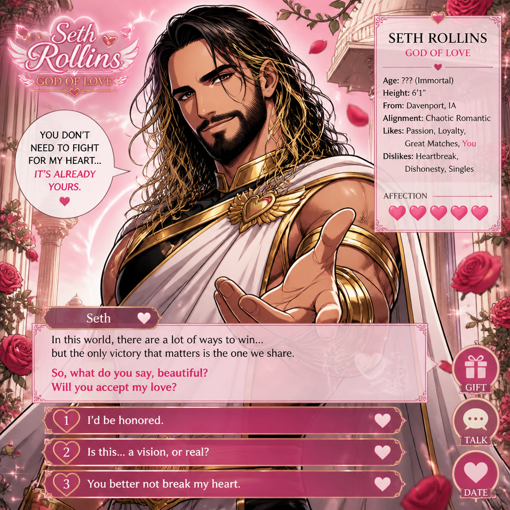 WWE superstar Seth Rollins as the god of love in a dating sim game