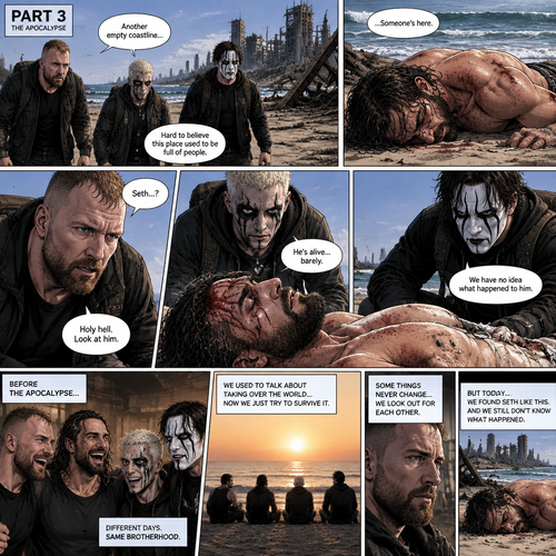 Part 3 of the apocalypse story.Jon Moxley,Darby Allin and Steven Borden (Sting’s son) Found Seth Rollins unconscious and badly injured on the beach while reminiscing about the time before the apocalypse.They had no idea what happened to him