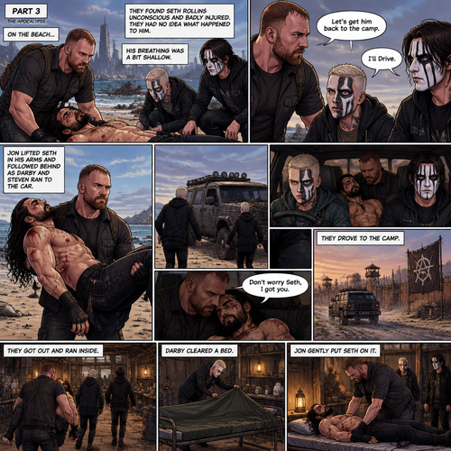 Part 3 of the apocalypse story.Jon Moxley,Darby Allin and Steven Borden (Sting’s son) Found Seth Rollins unconscious and badly injured on the beach while reminiscing about the time before the apocalypse.They had no idea what happened to him.Seth’s breathing was a bit shallow. “Let’s get him back to the camp” Said Jon. “I’ll Drive” Said Darby. Darby and Steven ran to the car,Jon lifted Seth in his arms and followed behind.Darby got in the driver’s seat,Steven got in the passenger seat and Jon got in the back while holding Seth.They drove to the camp,Jon held Seth tightly. “Don’t worry Seth,I got you” Jon whispered.They arrived at the camp,They got out and ran inside.Darby cleared a bed,Jon gently put Seth on it